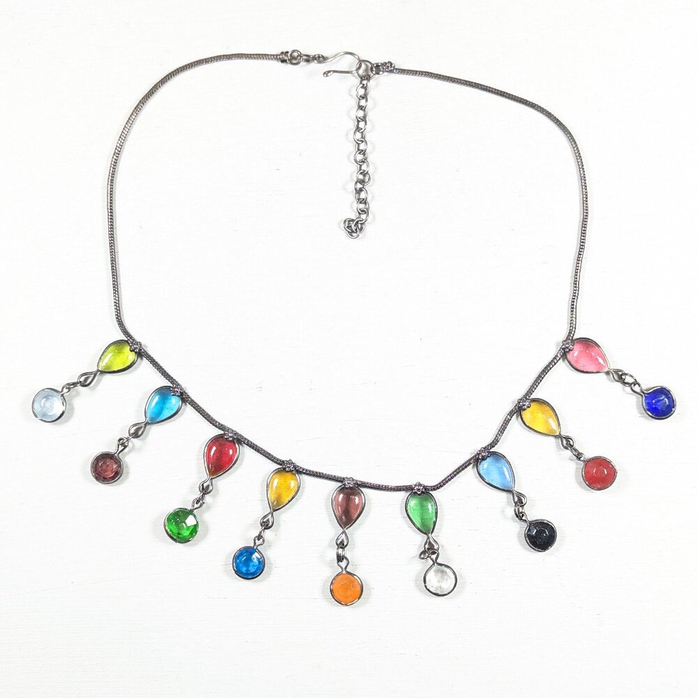Multicoloured glass teardrop bib necklace, harlequin handmade waterfall necklace